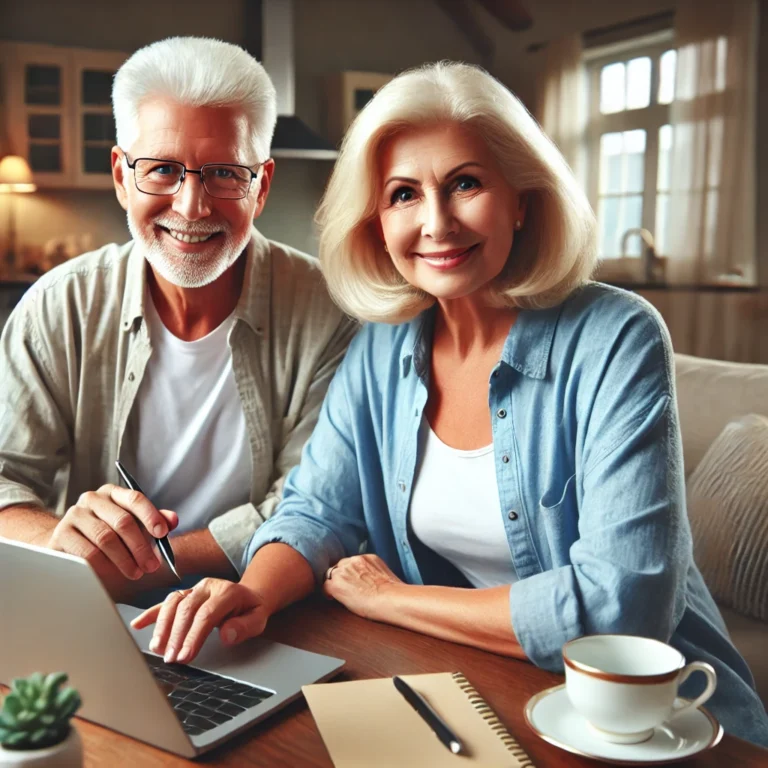 "Retired husband and wife working together on a laptop, building their online business from home, smiling and enjoying financial freedom."