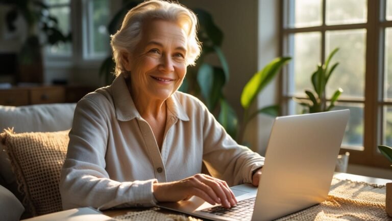 A confident older adult working on laptop, natural light home office, authentic lifestyle (1)